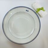 Round dish white monogrammed with blue border 34cm