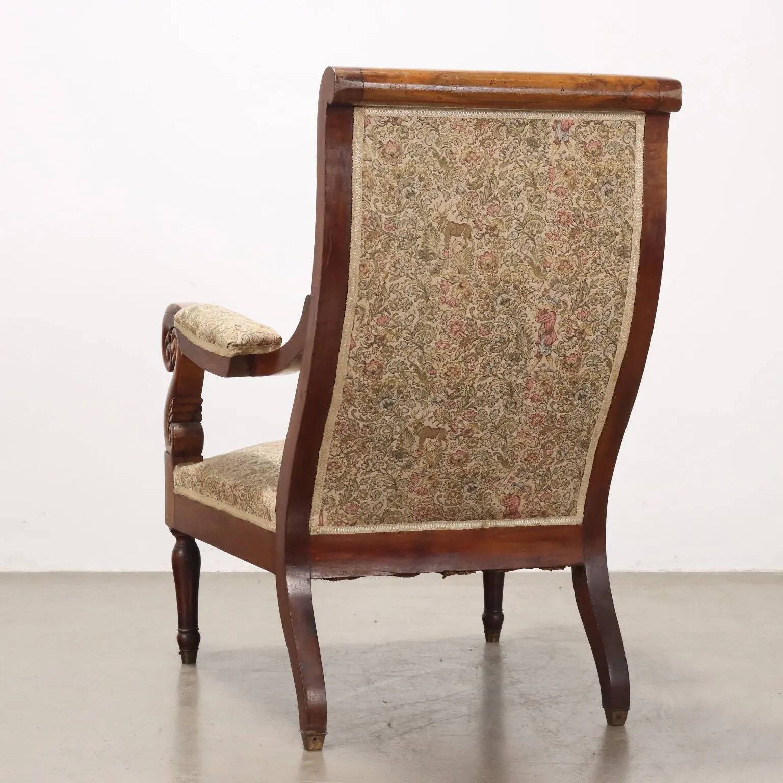 Antique Louis-Philippe armchair in walnut and fabric, Italy, 19th century