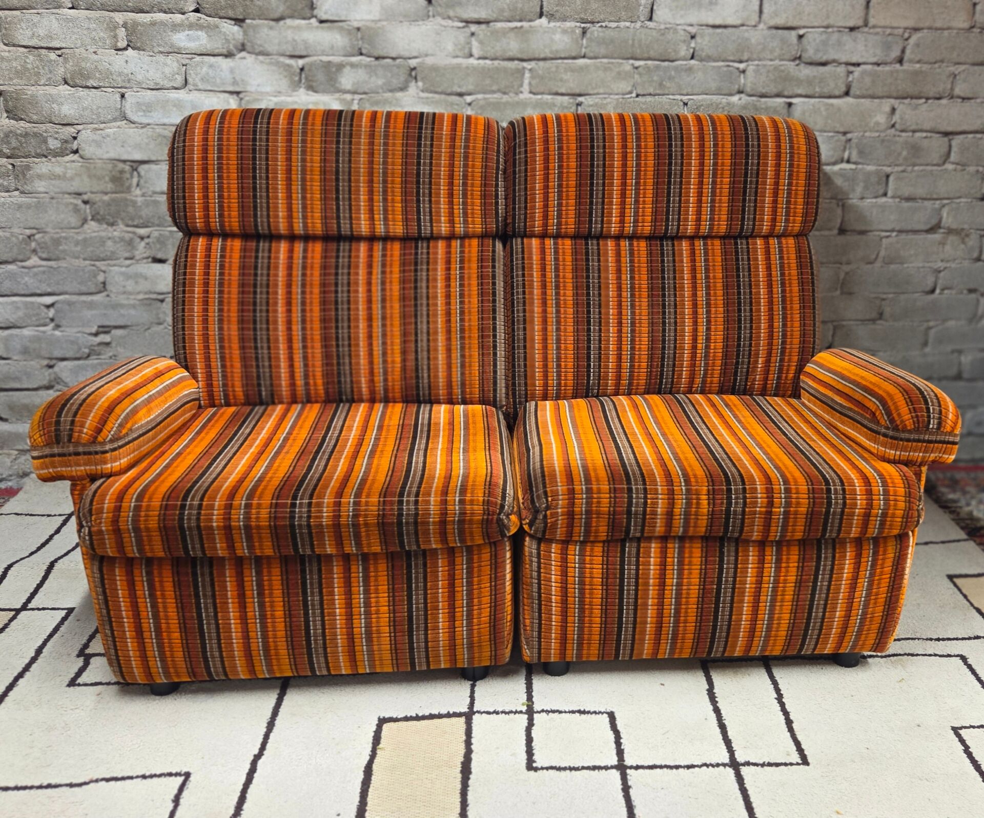 Pair of vintage 1970s modular armchairs – striped orange fabric