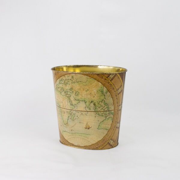 Wastepaper basket Massilly France vintage sheet metal decoration planisphere, 1960