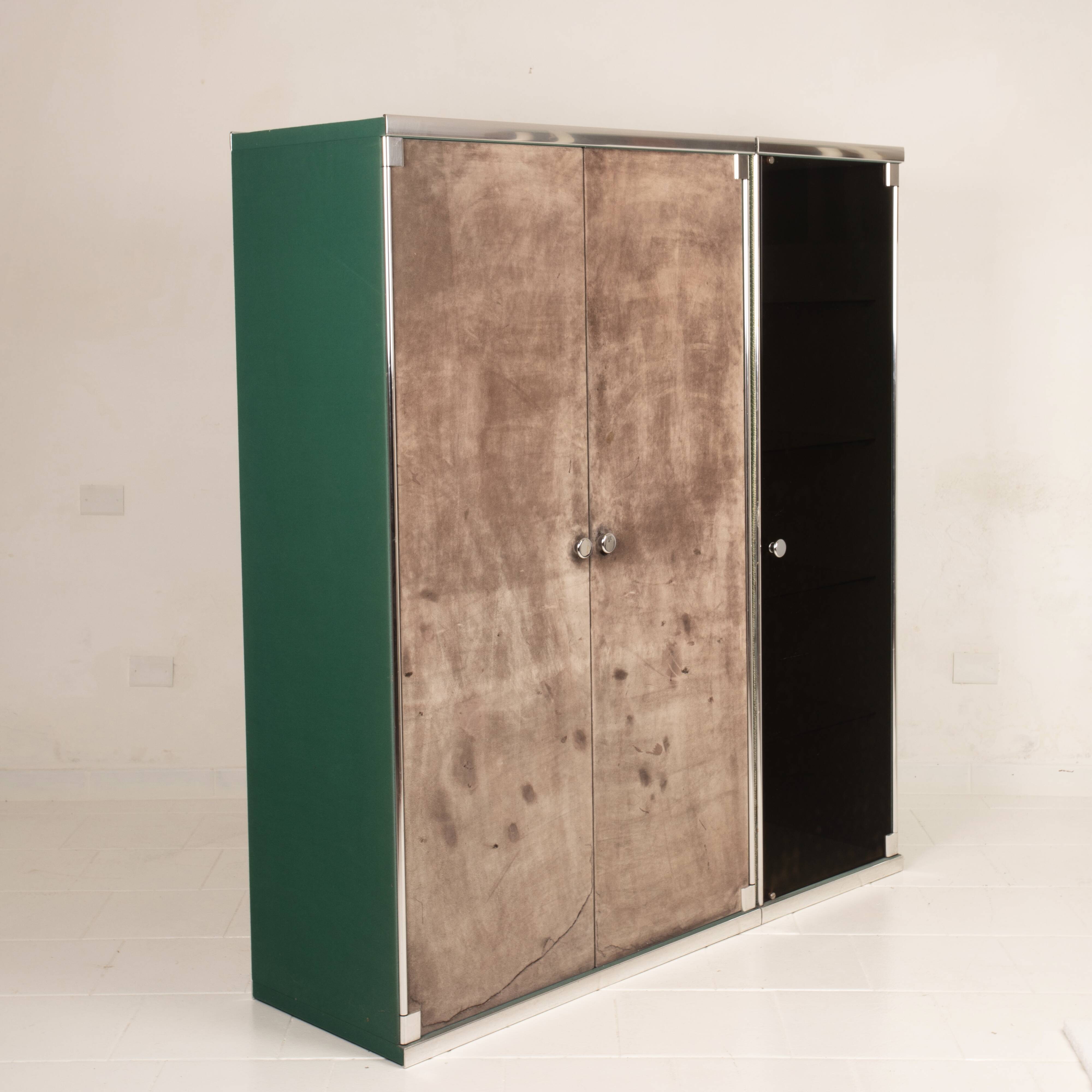 Guido Falsechini Hermès Smoked Glass and Suede Cabinets for i4 Mariani 1970