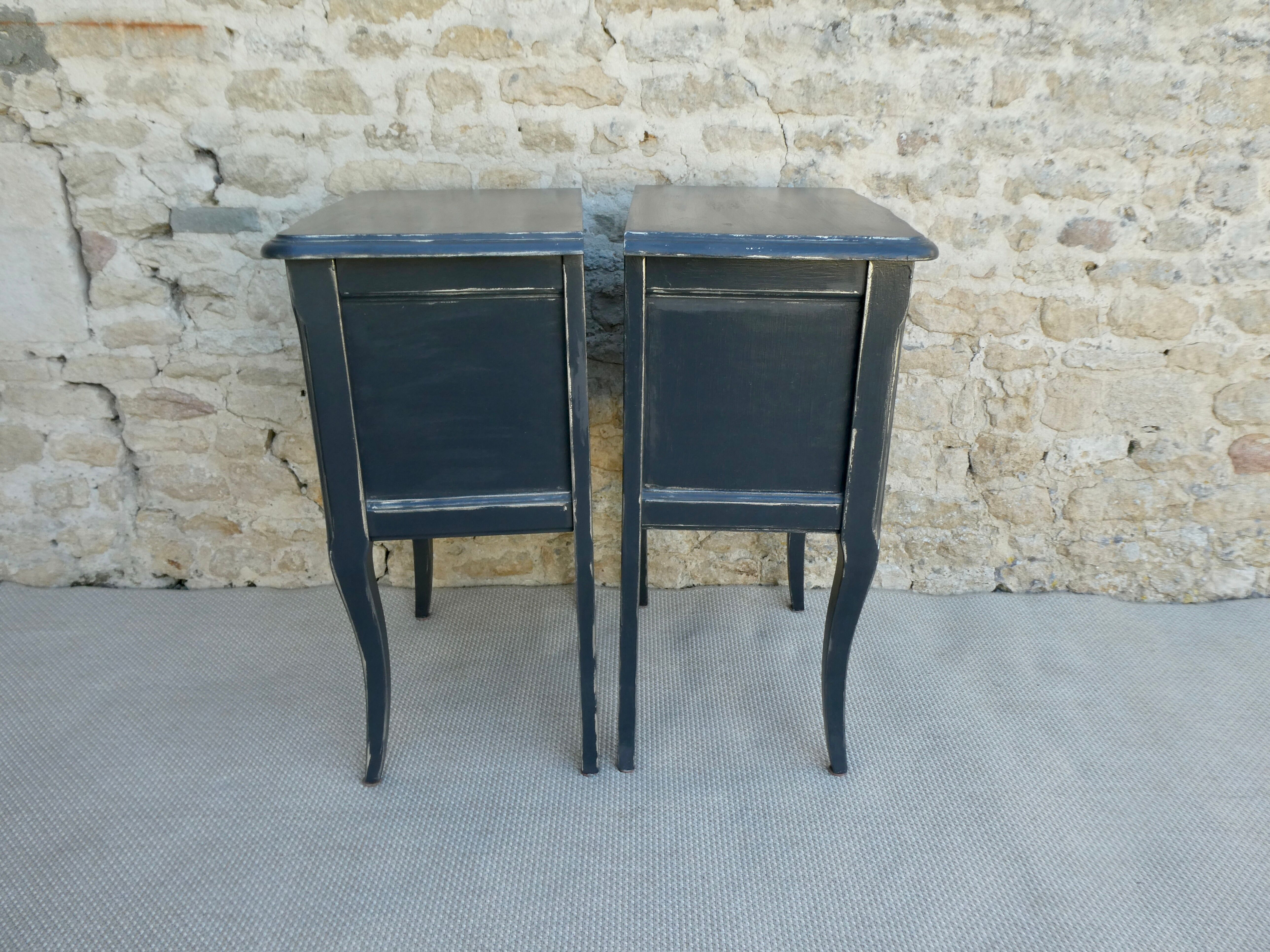 Pair of wooden bedside tables, gray patina