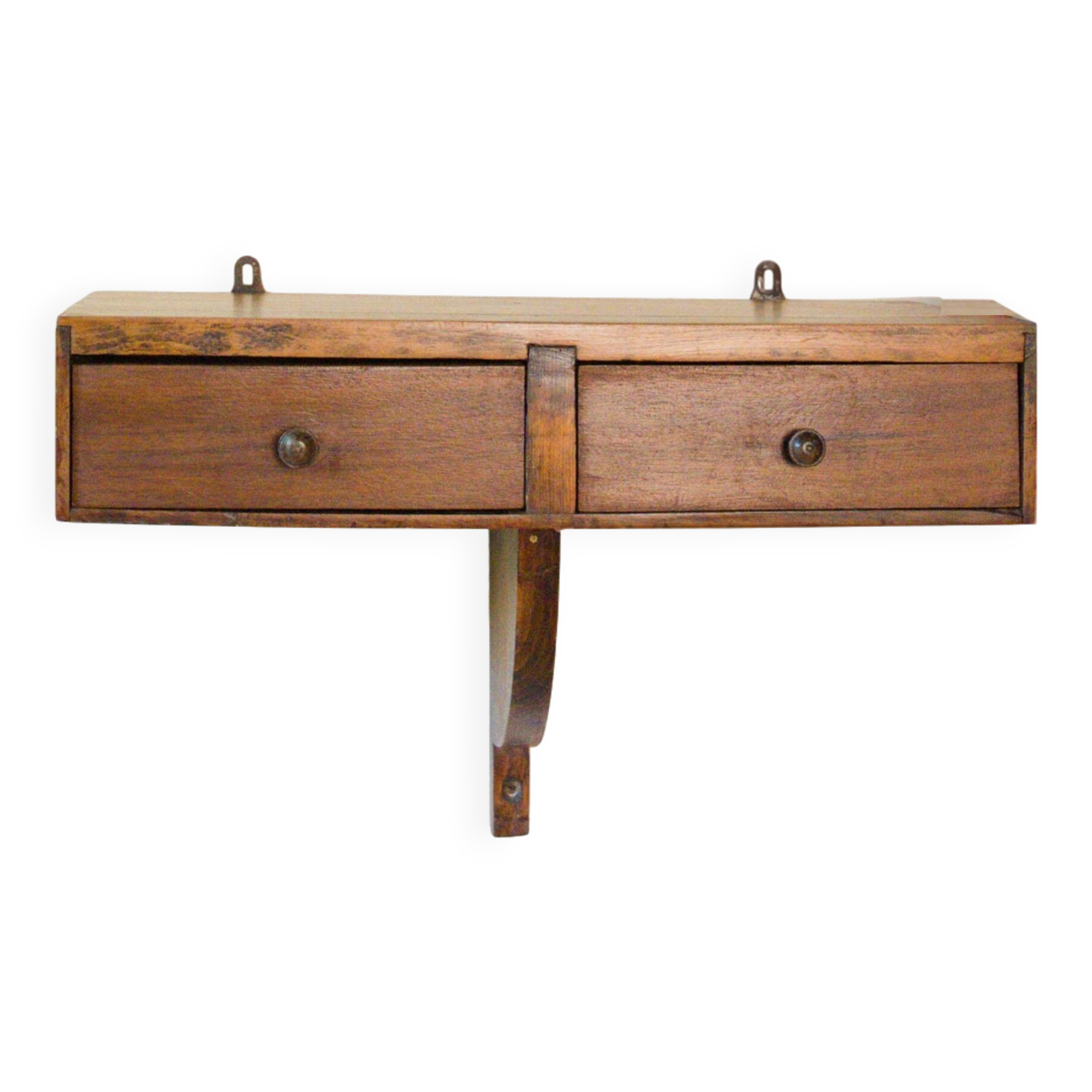 Small vintage wall console in patinated wood with two drawers.