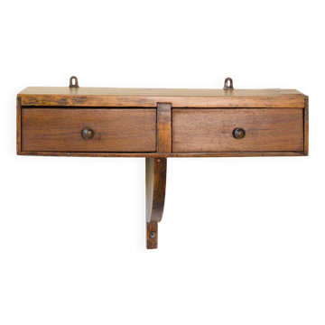 Small vintage wall console in patinated wood with two drawers.