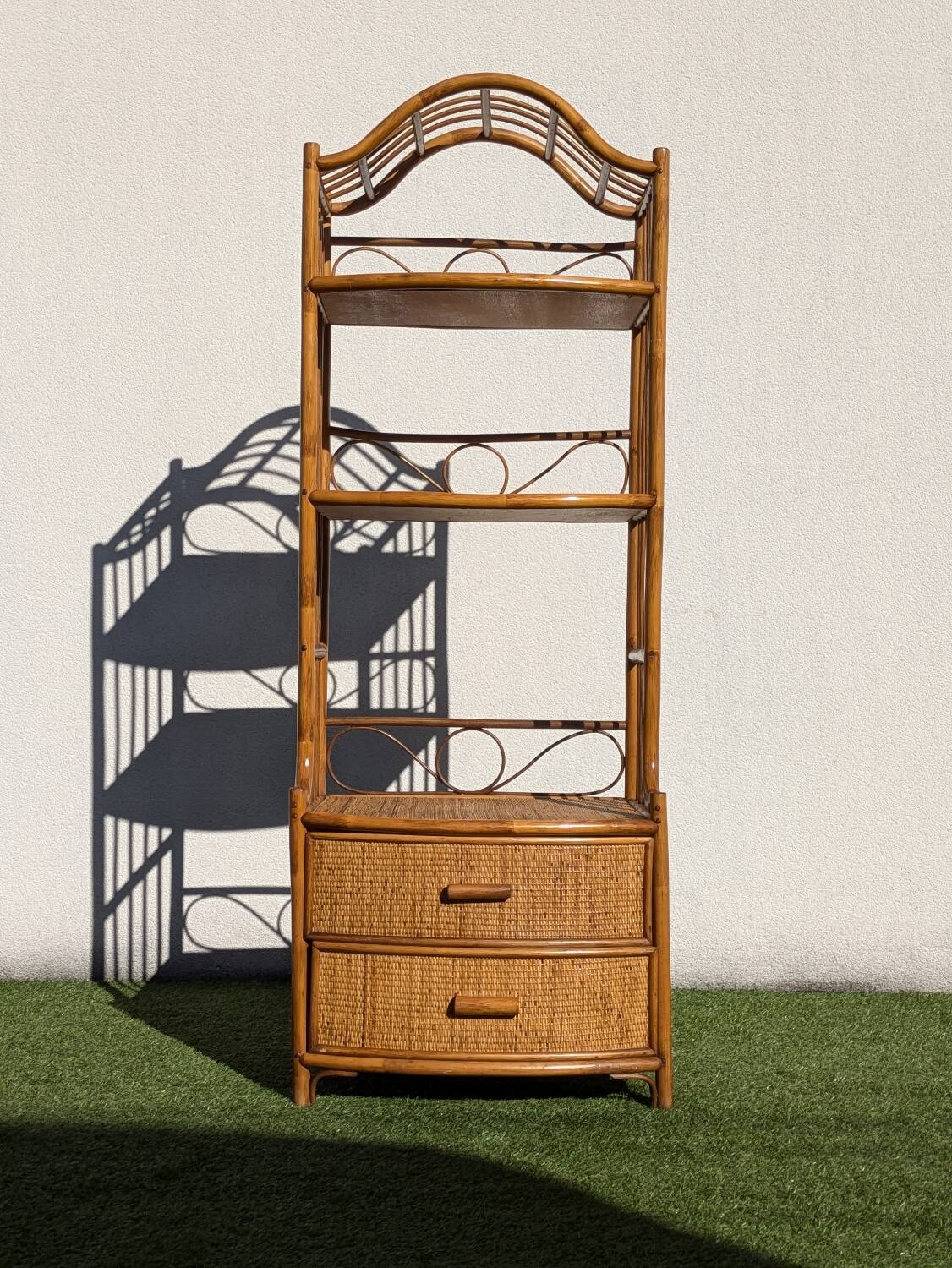 Vintage 1960s Rattan Bamboo Bookcase Shelf Buffet