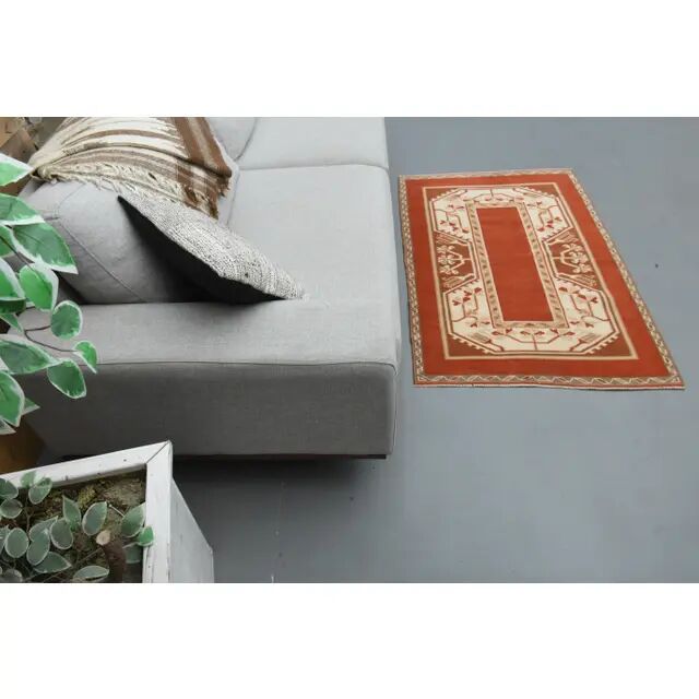 1970's Vintage Turkish Milas Handmade Wool Cotton Orange Area Rug 88x136