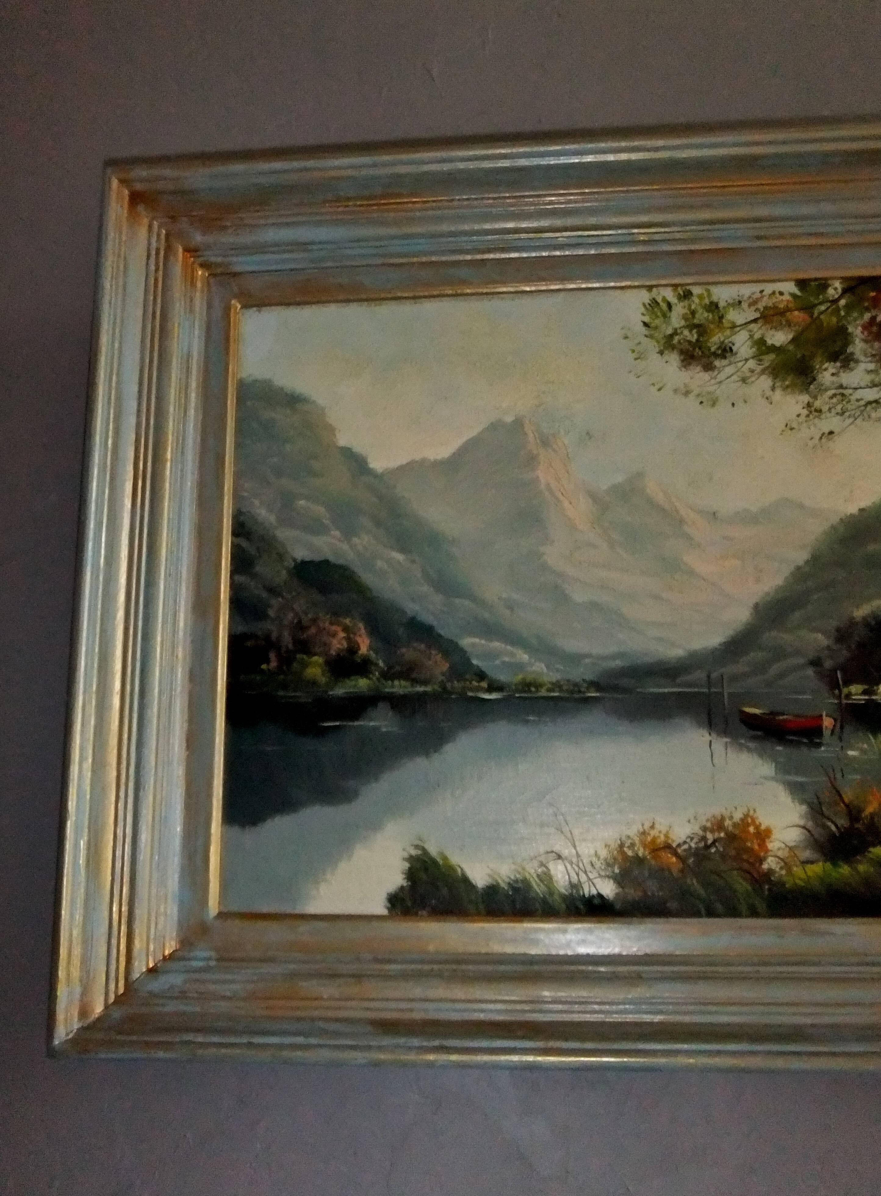 Oil painting landscape signed Vernon Gustavian blue and gold frame