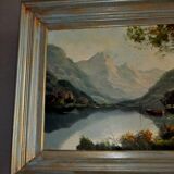 Oil painting landscape signed Vernon Gustavian blue and gold frame