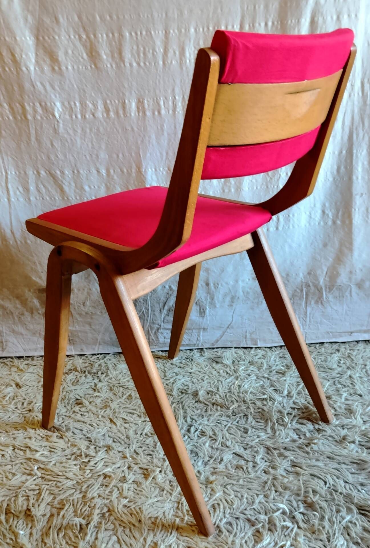 Solid wood chair with red fabric - 50's design