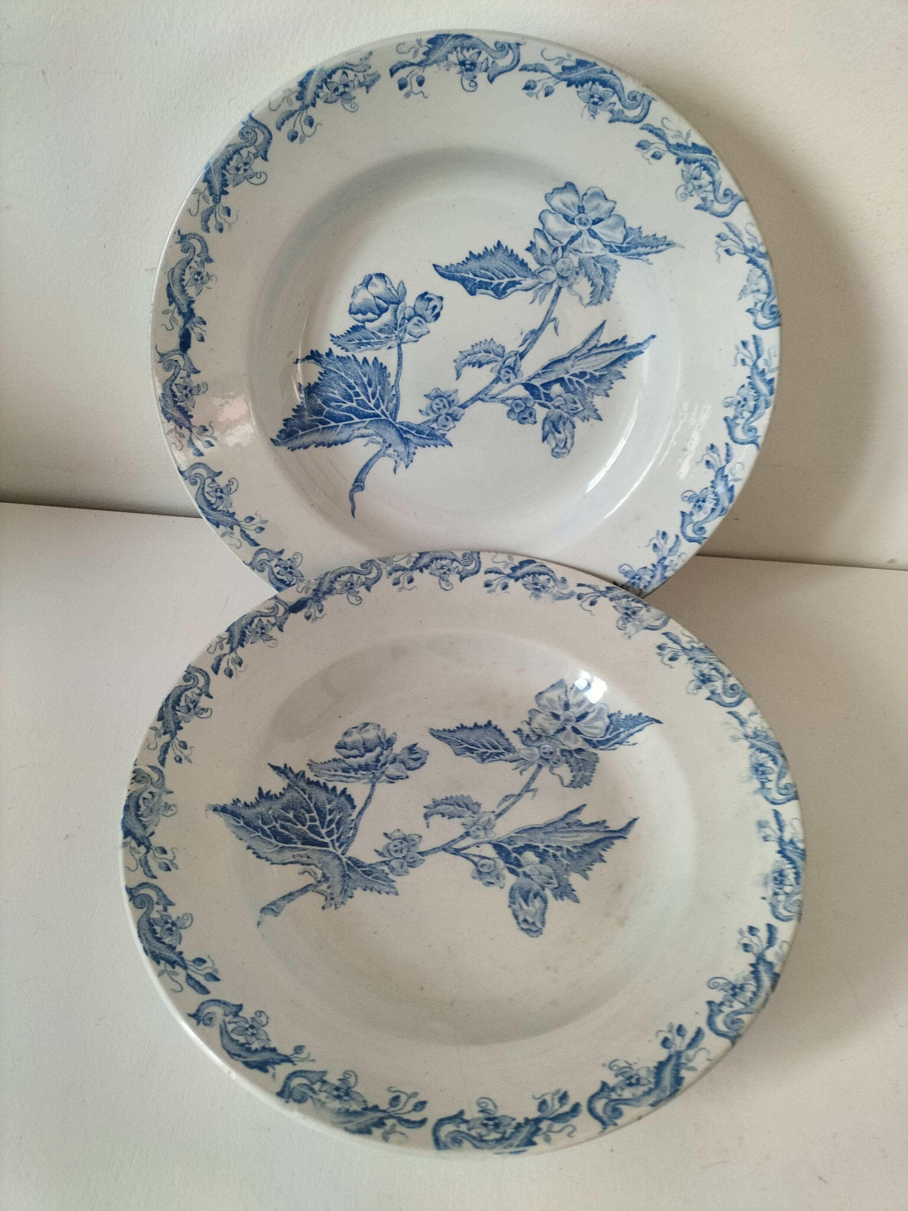 8 ironstone plates from the 19th century in blue camaïeu, mixed manufacturers.