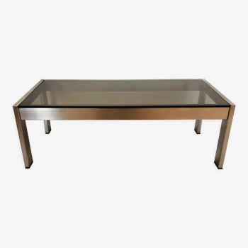 Vintage stainless steel coffee table and smoked glass, France 70s