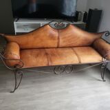 Fauteuil fer forgé et cuir fait main