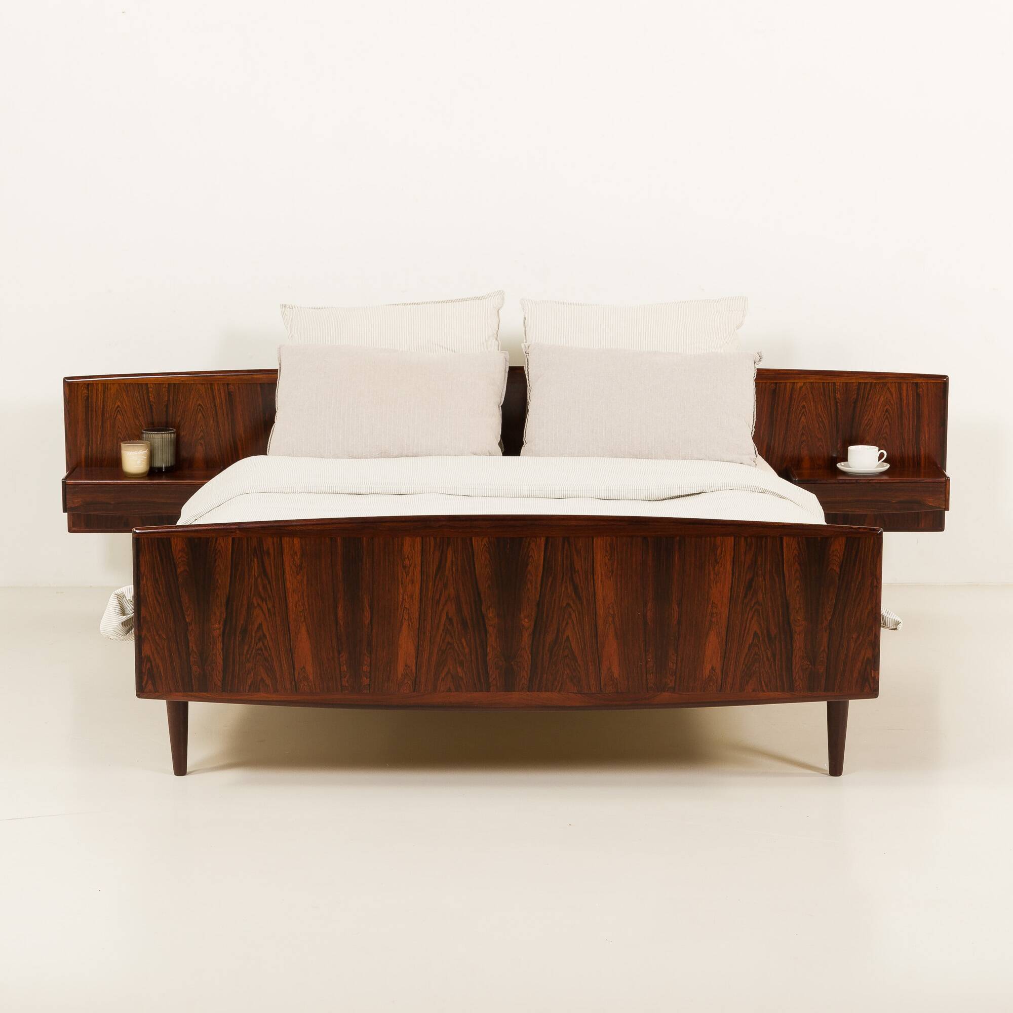 Scandinavian rosewood queen-size bed with bedside tables, Sannemanns, 1960s