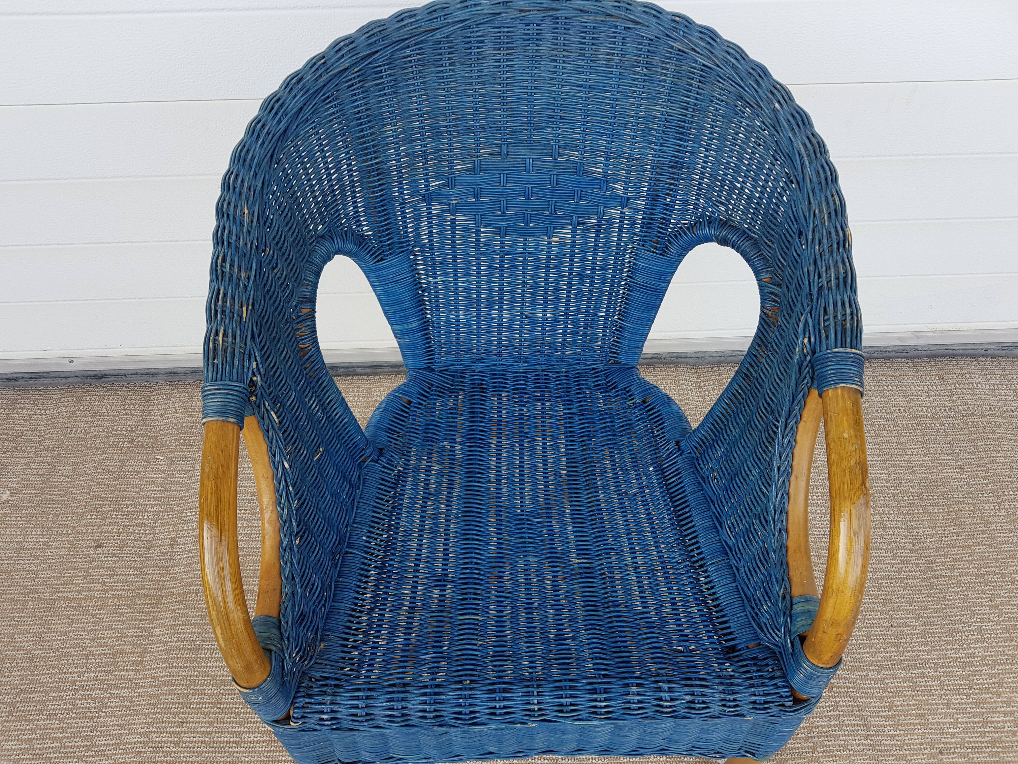 Antique wicker, bamboo and blue rattan armchair, 50's 60's