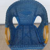 Antique wicker, bamboo and blue rattan armchair, 50's 60's