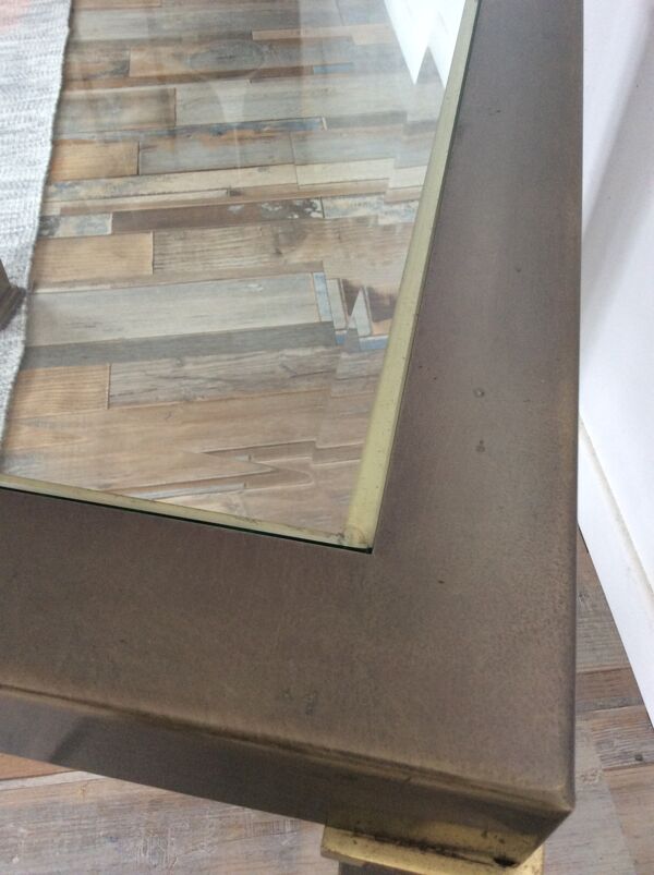 Table basse vintage en laiton et verre biseauté