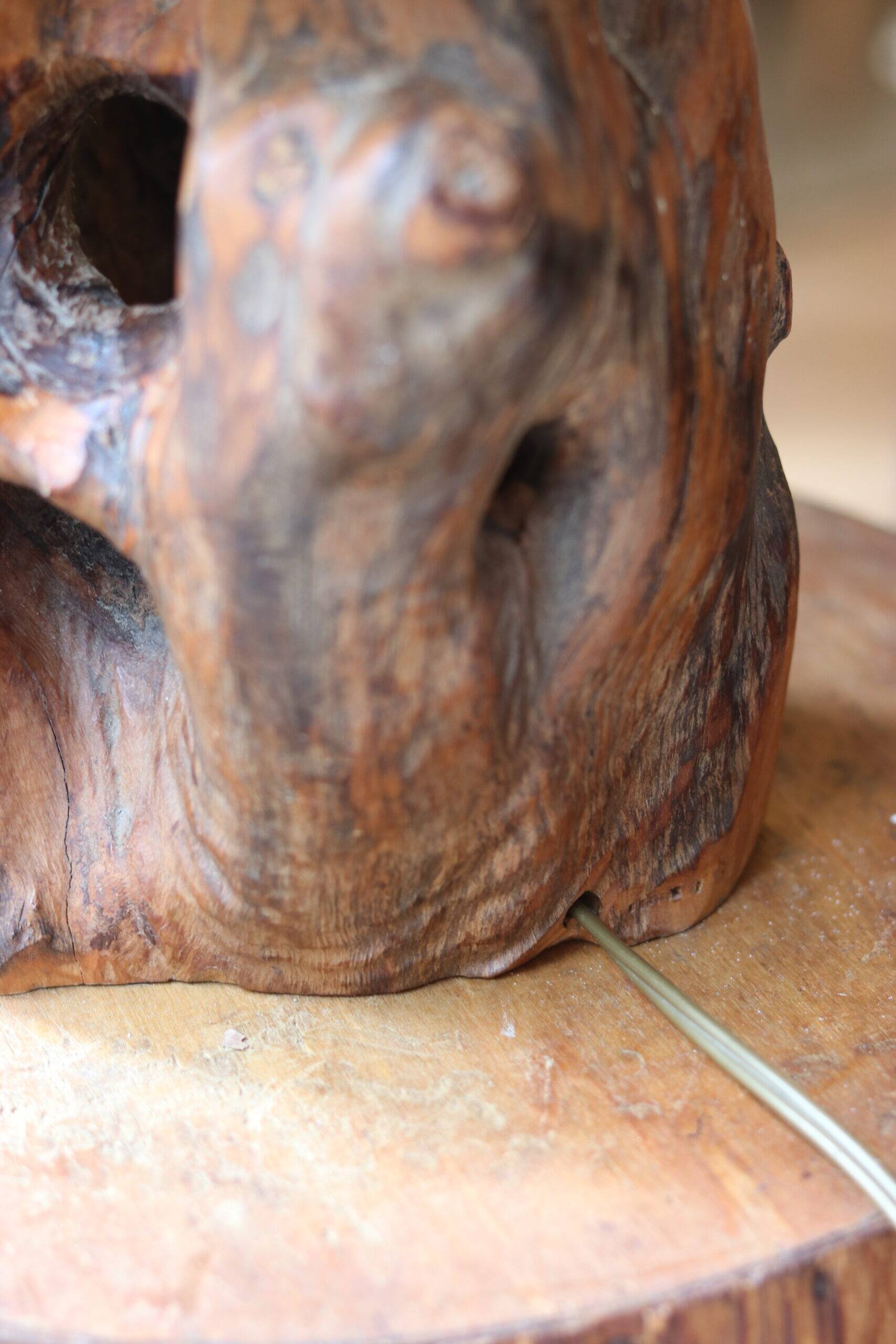 Large 1960s lamp made of olive wood.