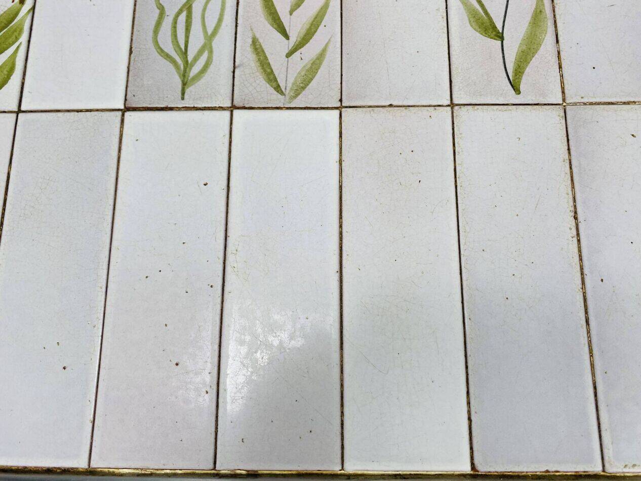 Square ceramic tile coffee table by Roger Capron, flowers, 1950s.