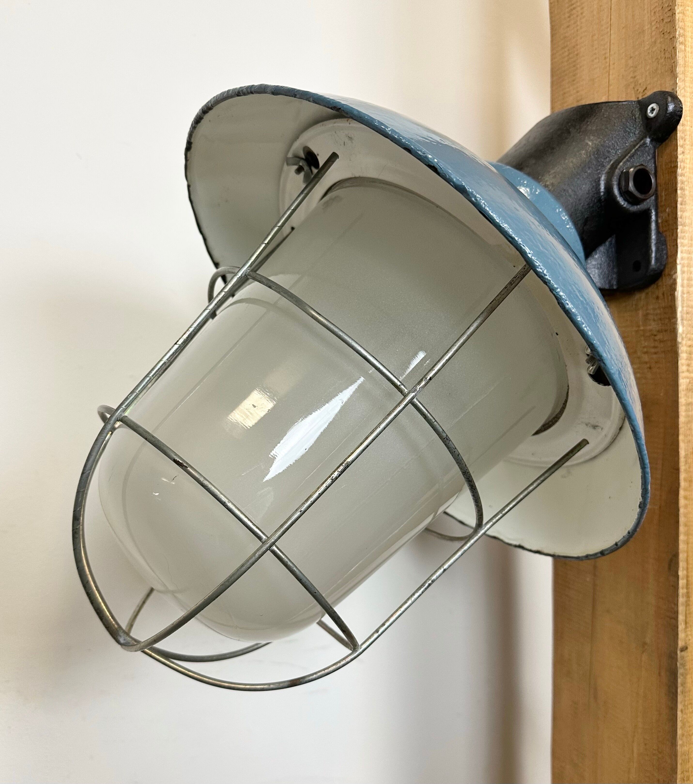 Industrial Blue Painted Factory Wall Cage Lamp from Elektrosvit, 1960s