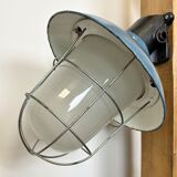 Industrial Blue Painted Factory Wall Cage Lamp from Elektrosvit, 1960s