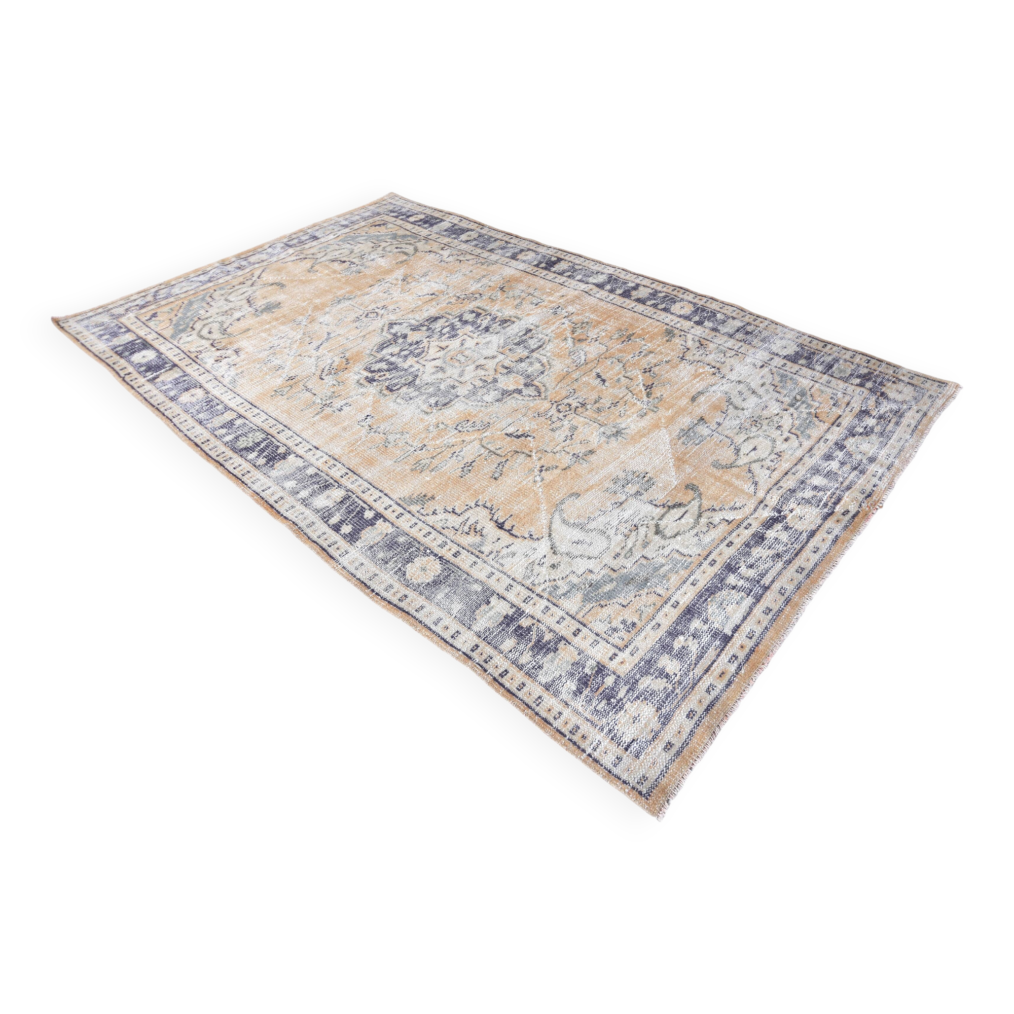 Tapis vintage en laine 270 x 165 cm, beige bleu, tapis turc vintage en laine