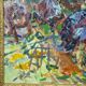 Sunflower field with chickens – original oil painting by Alexander Michael, 1990