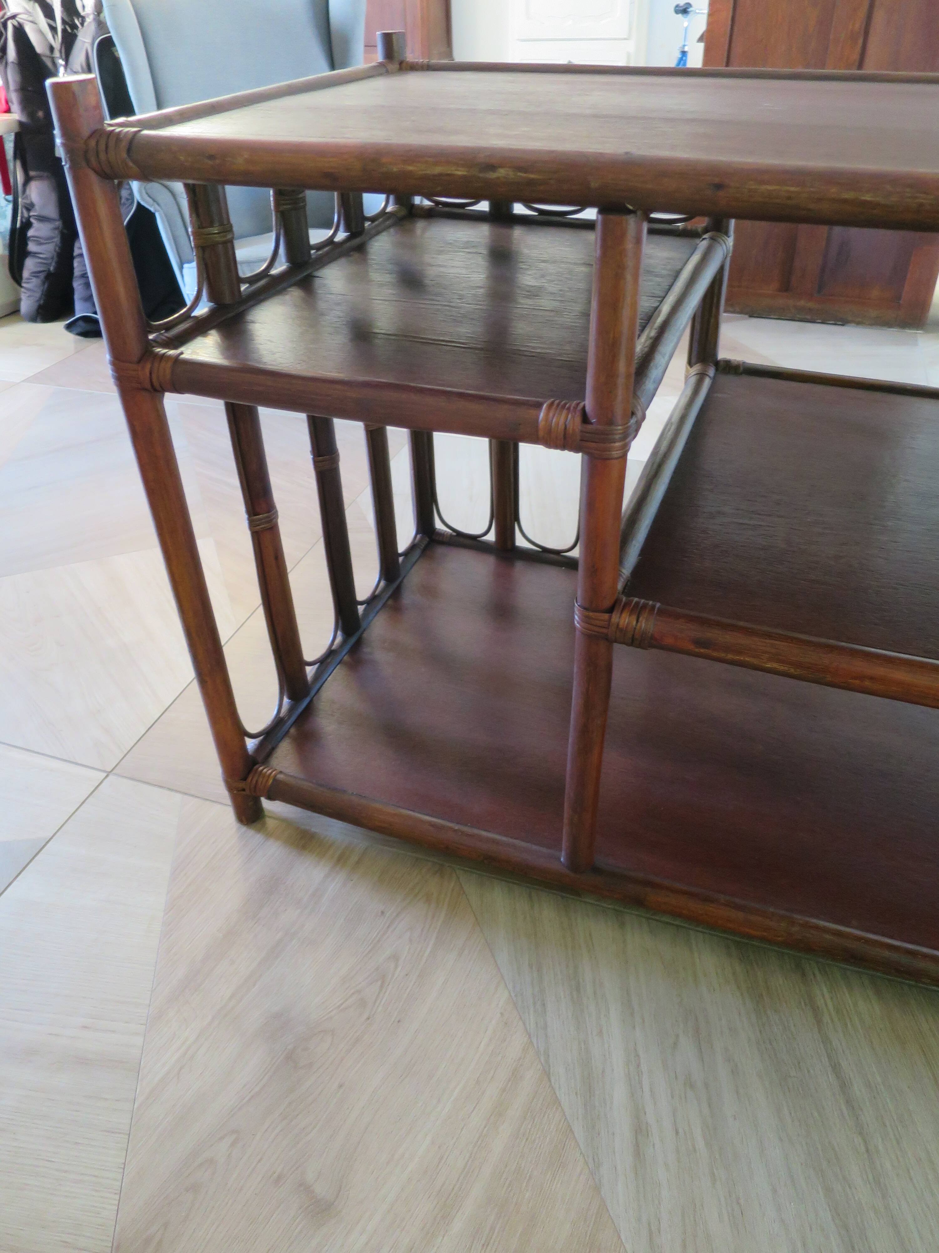 Retro side table - vinyl furniture - rattan and bamboo - 1980s