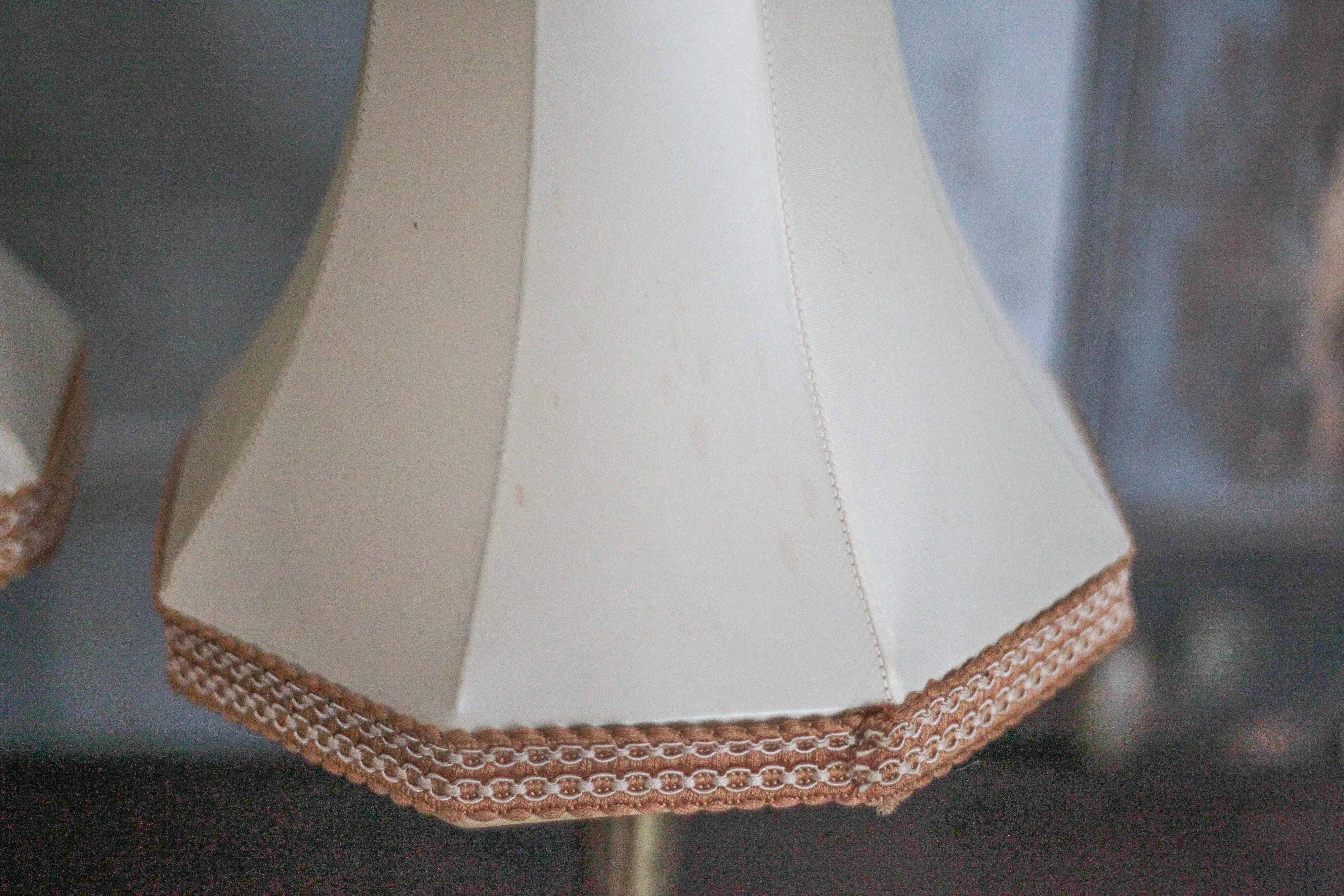 Pair of bronze lamps with fabric shades, bedside lamp.