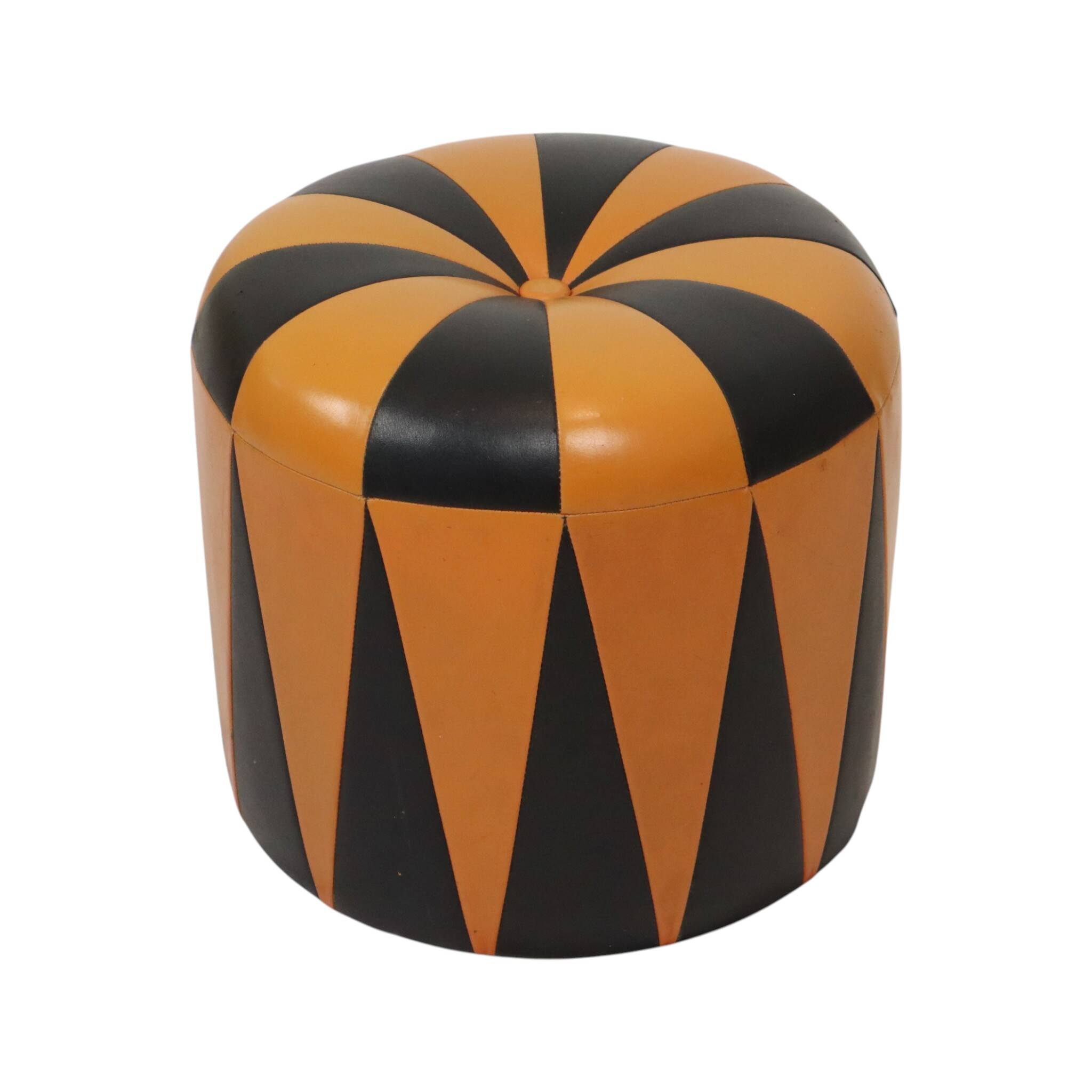 Round Vintage Pouf, Orange and Black Faux Leather (Skai), 1960s