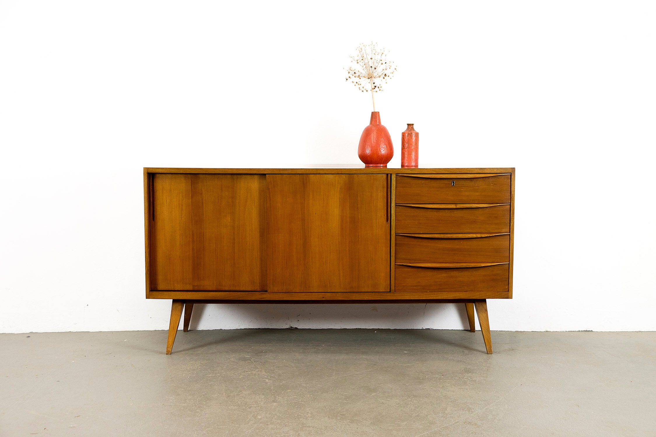 Midcentury Walnut Sideboard with sliding doors and drawers, 1950s
