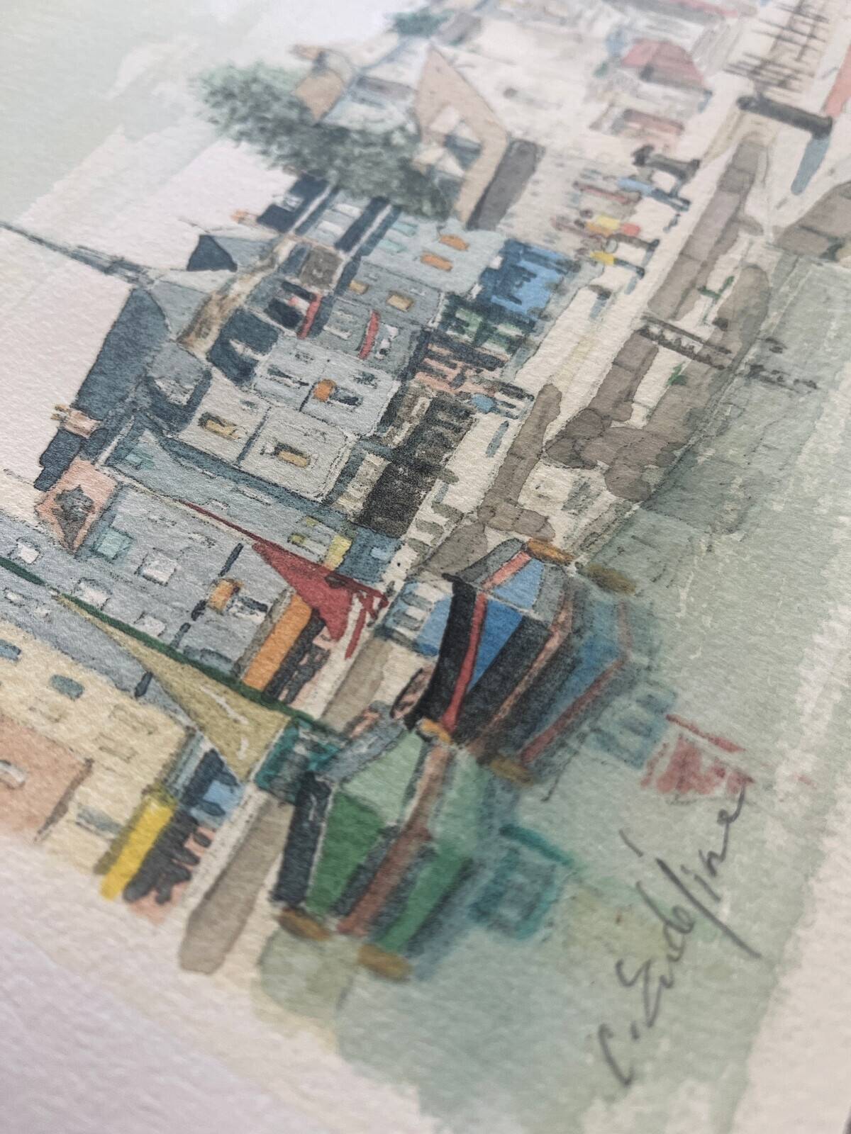 EA watercolor painting by Cedric Eudeline "Honfleur, morning sun"