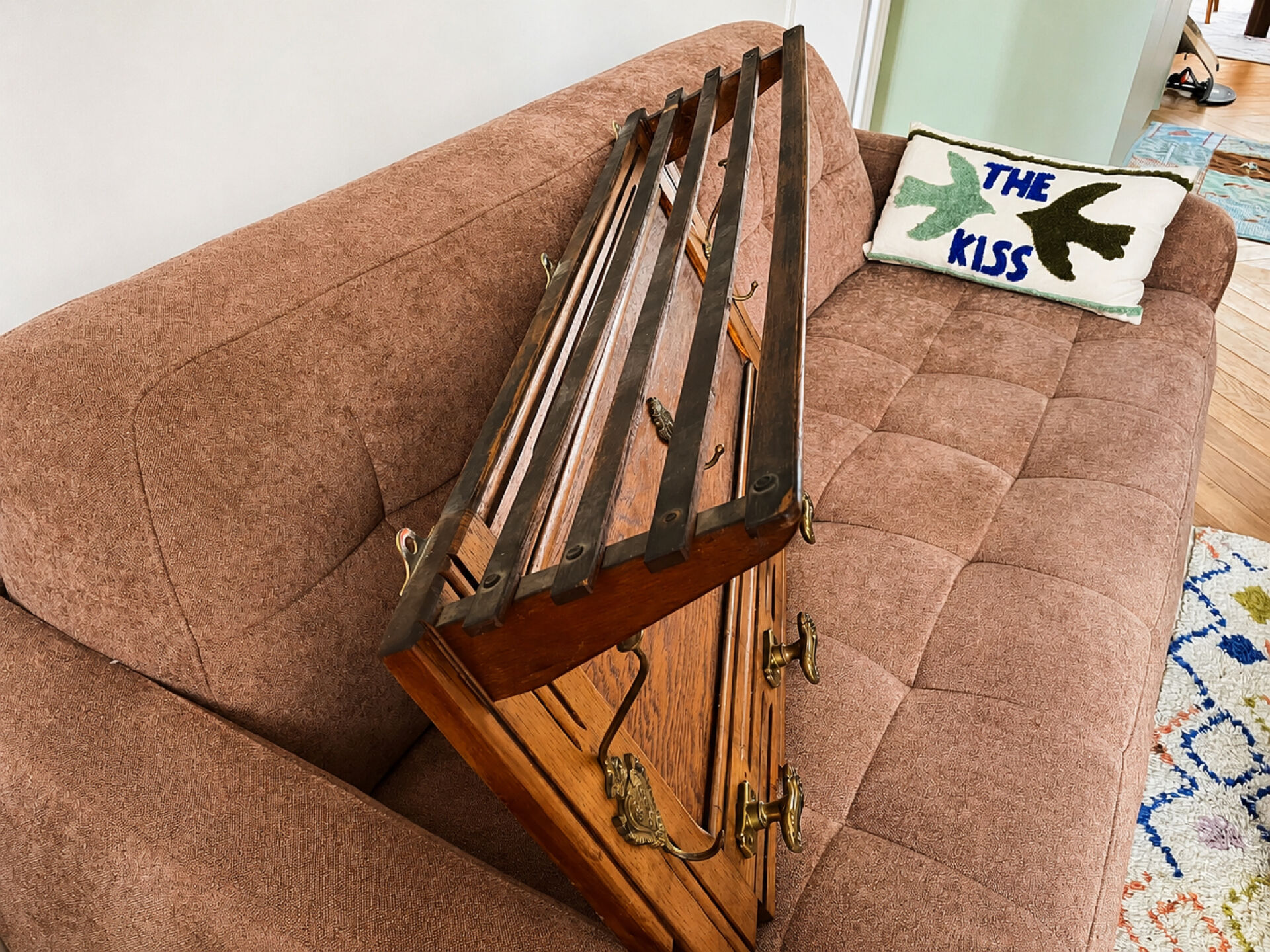 Large antique oak and brass wall coat rack – luggage rack style