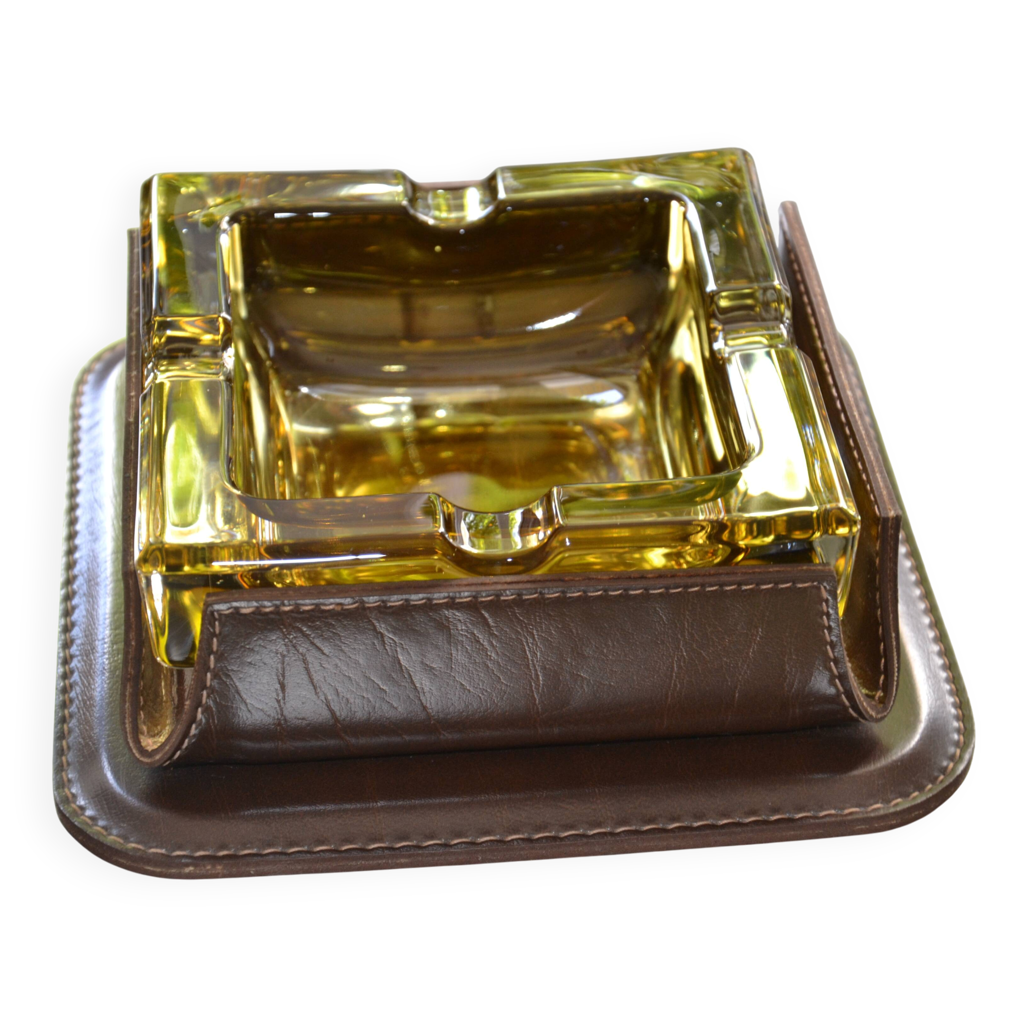 Murano Sommerso ashtray with leather support