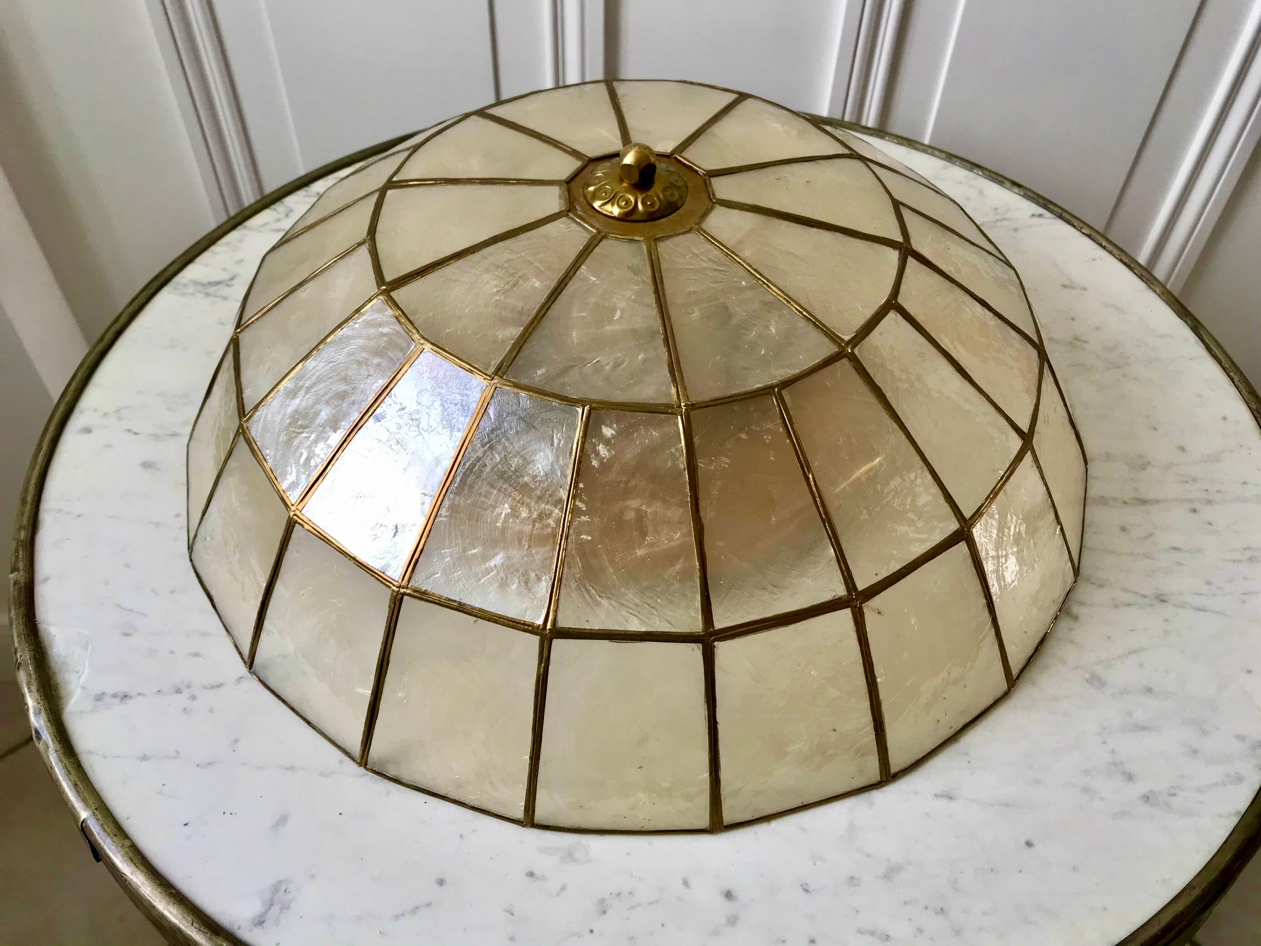 Ceiling lamp in mother-of-pearl and brass two fires 50s