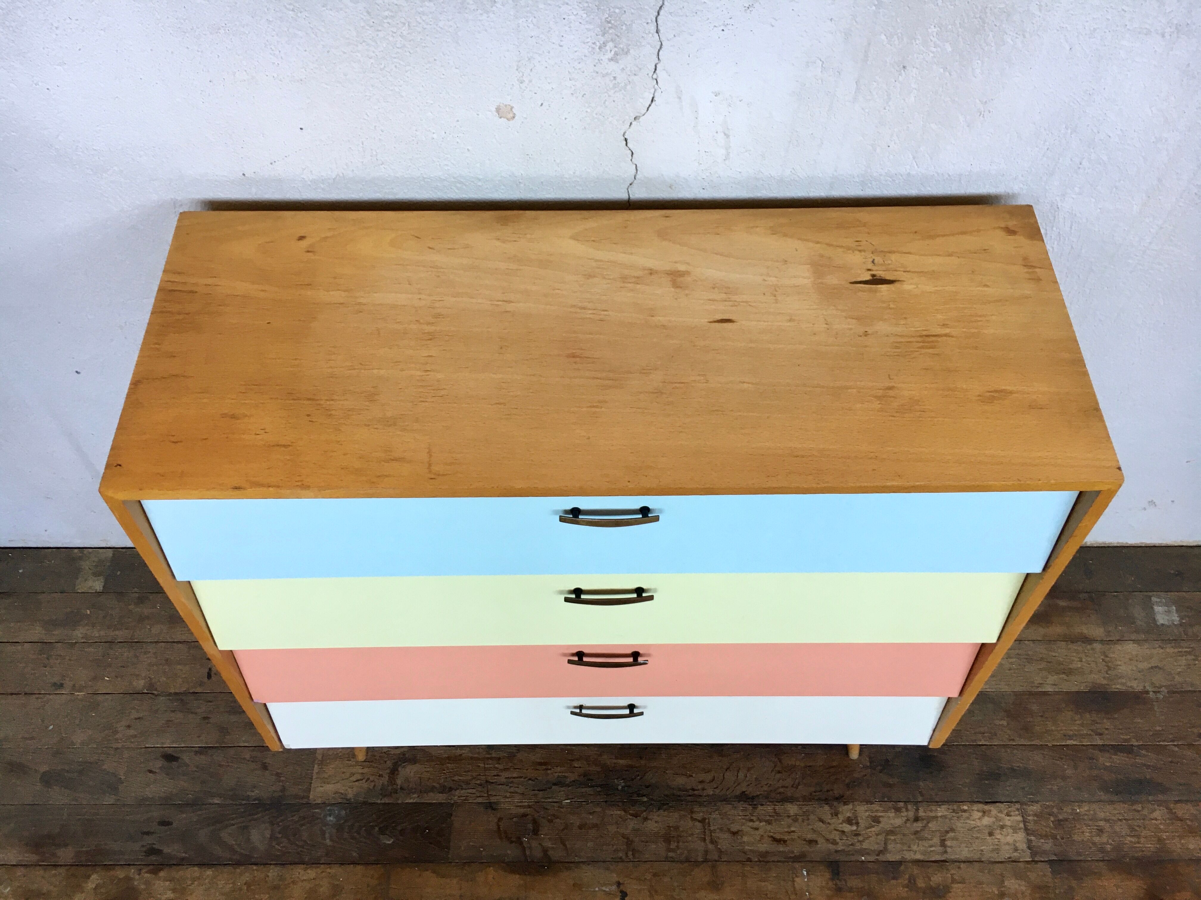 50s color formica shoe cabinet with compass feet