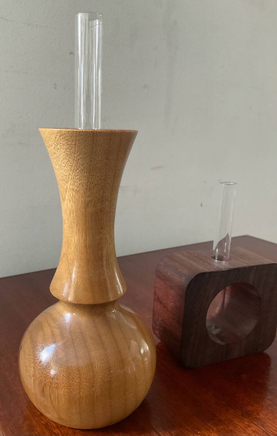 Duo of Scandinavian soliflores in wood and glass