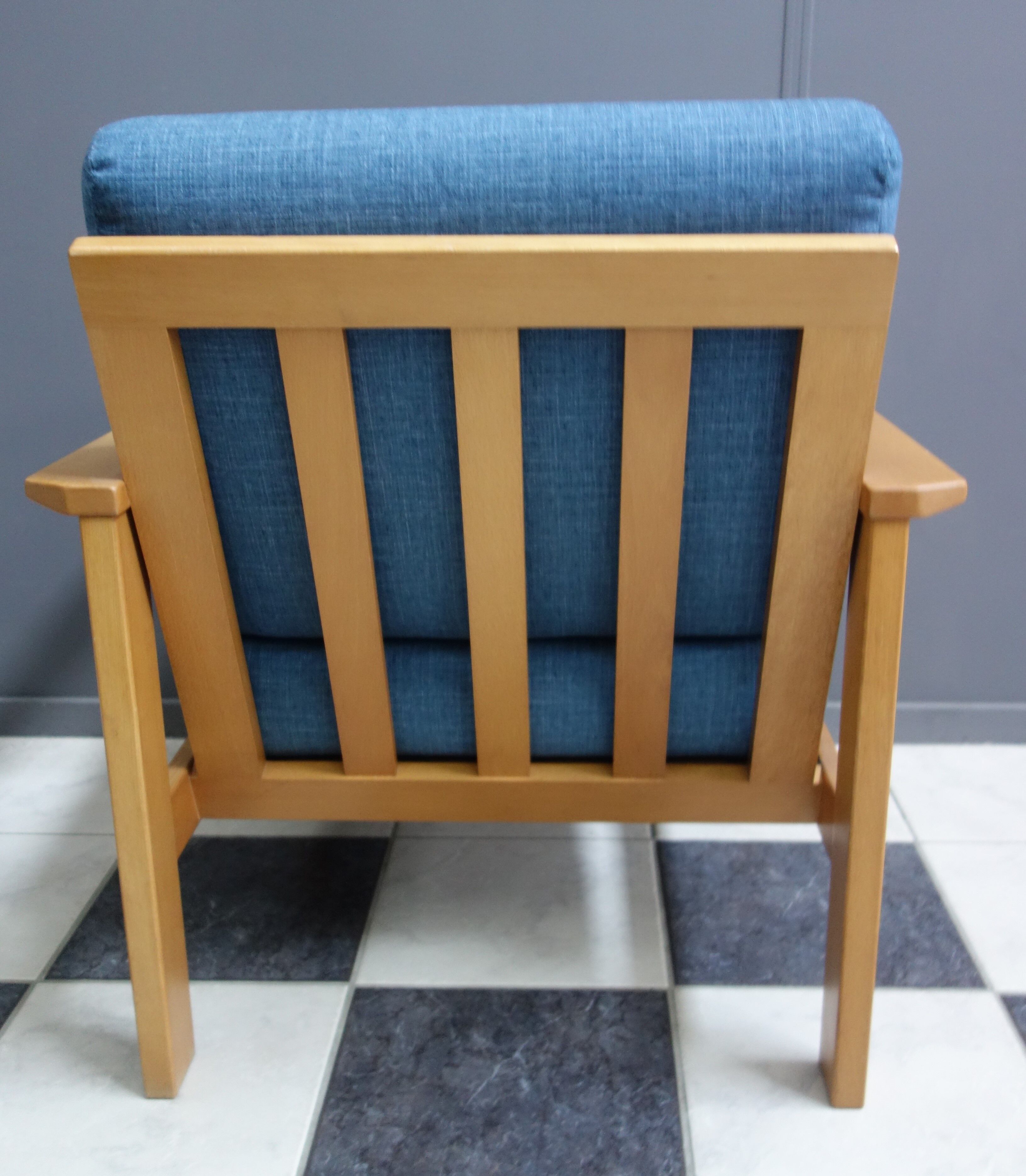 Blue fabric easy chair  in blonde wood frame 1960s