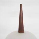 Set of three milk glass and teak pendant lights model NG74 by Louis Kalff for Philips, The Netherlan