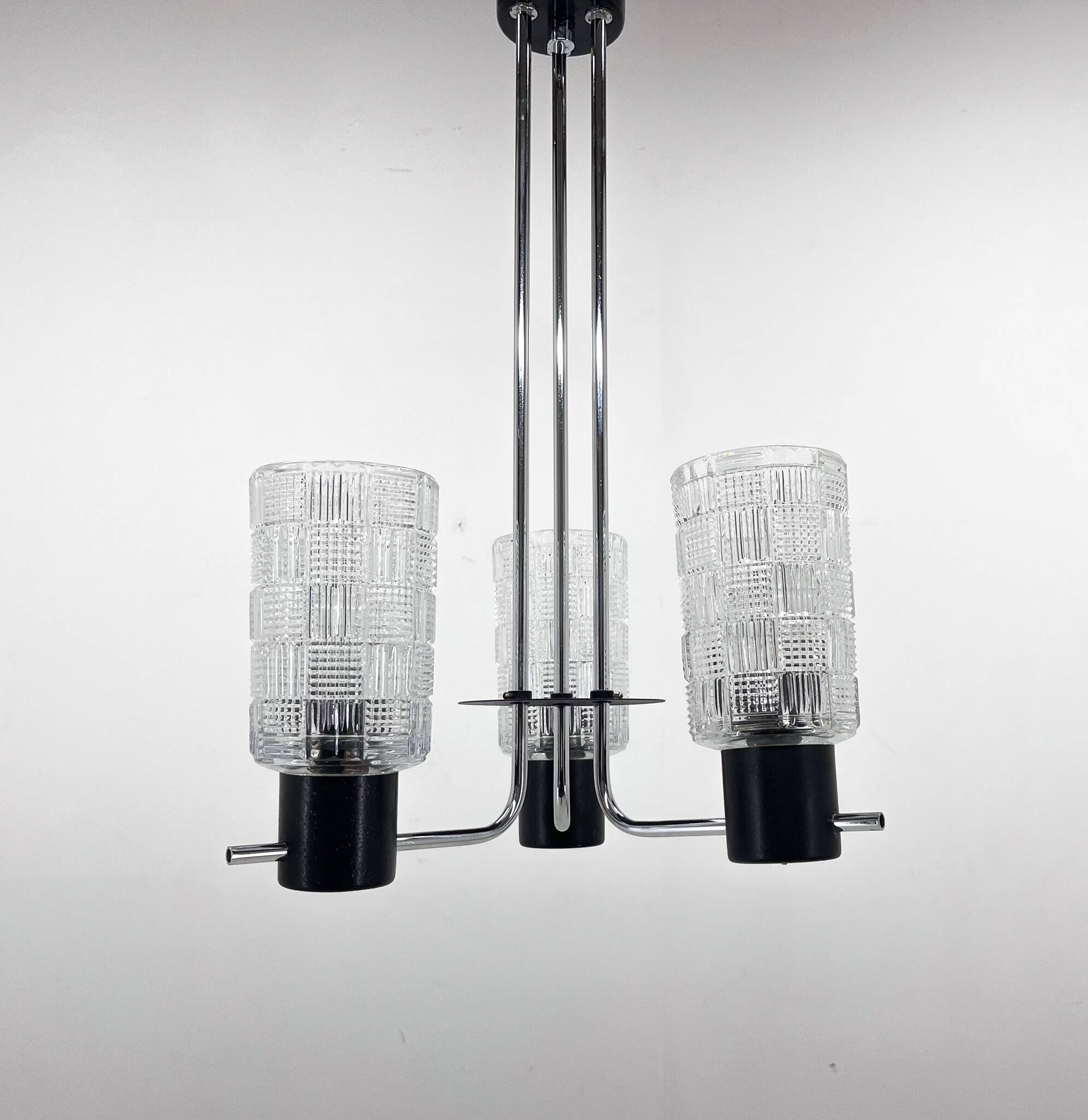 1970s Chrome, Glass & Metal Chandelier, Czechoslovakia