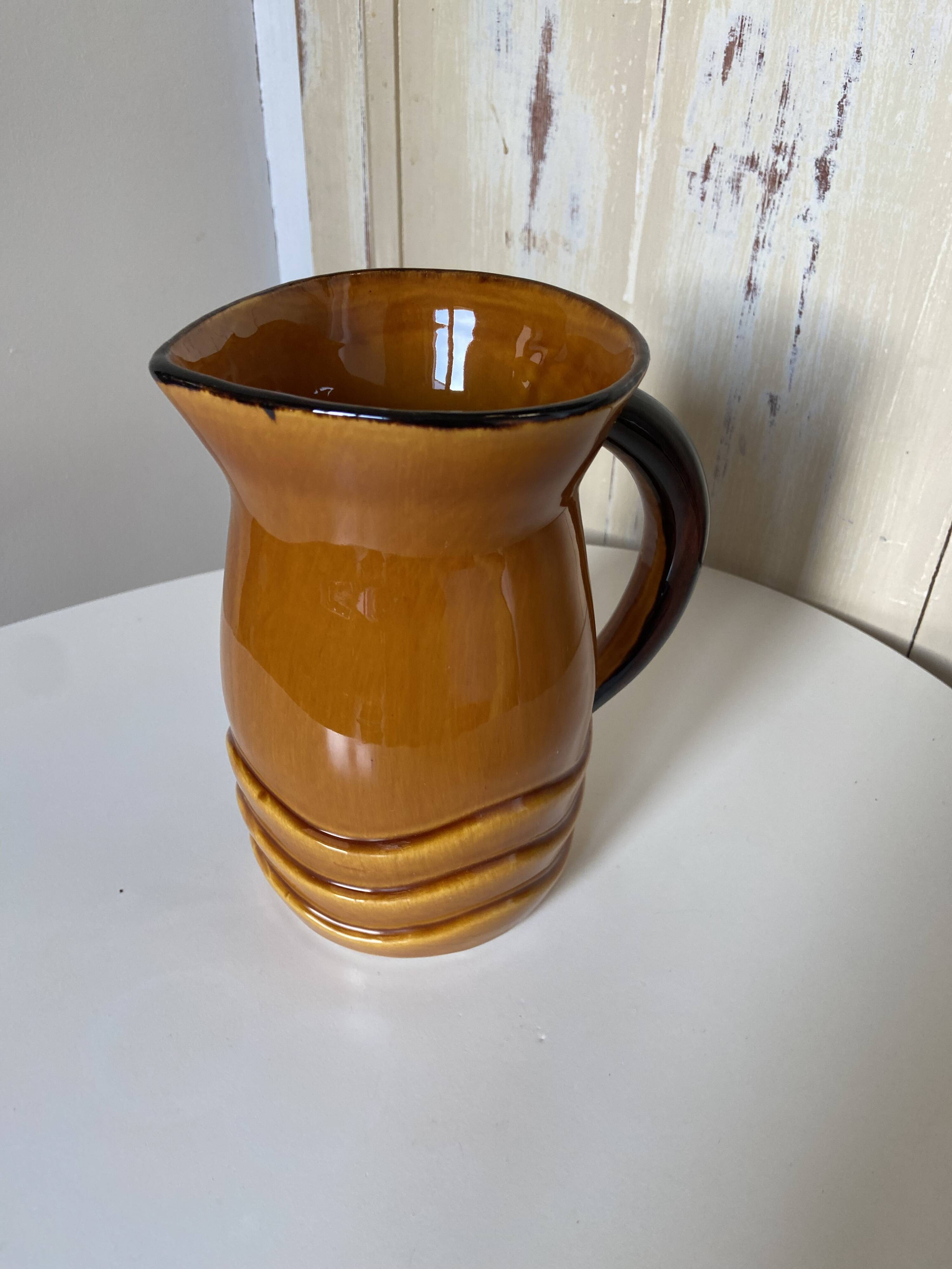 Vintage pitcher carafe Water pot, jug, enamelled ceramic PL France corrugated