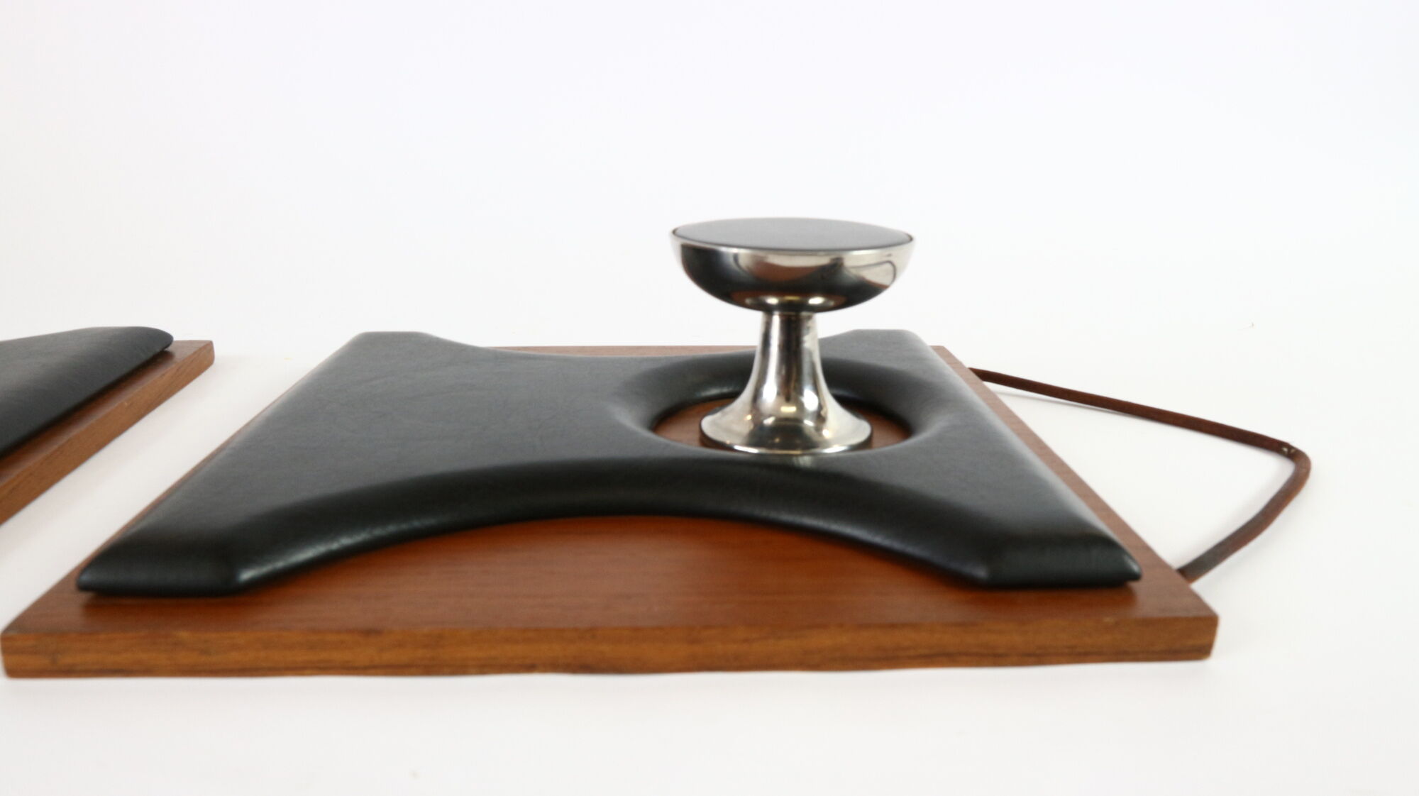 Two coat hangers, wood, leather and black leather, 70s