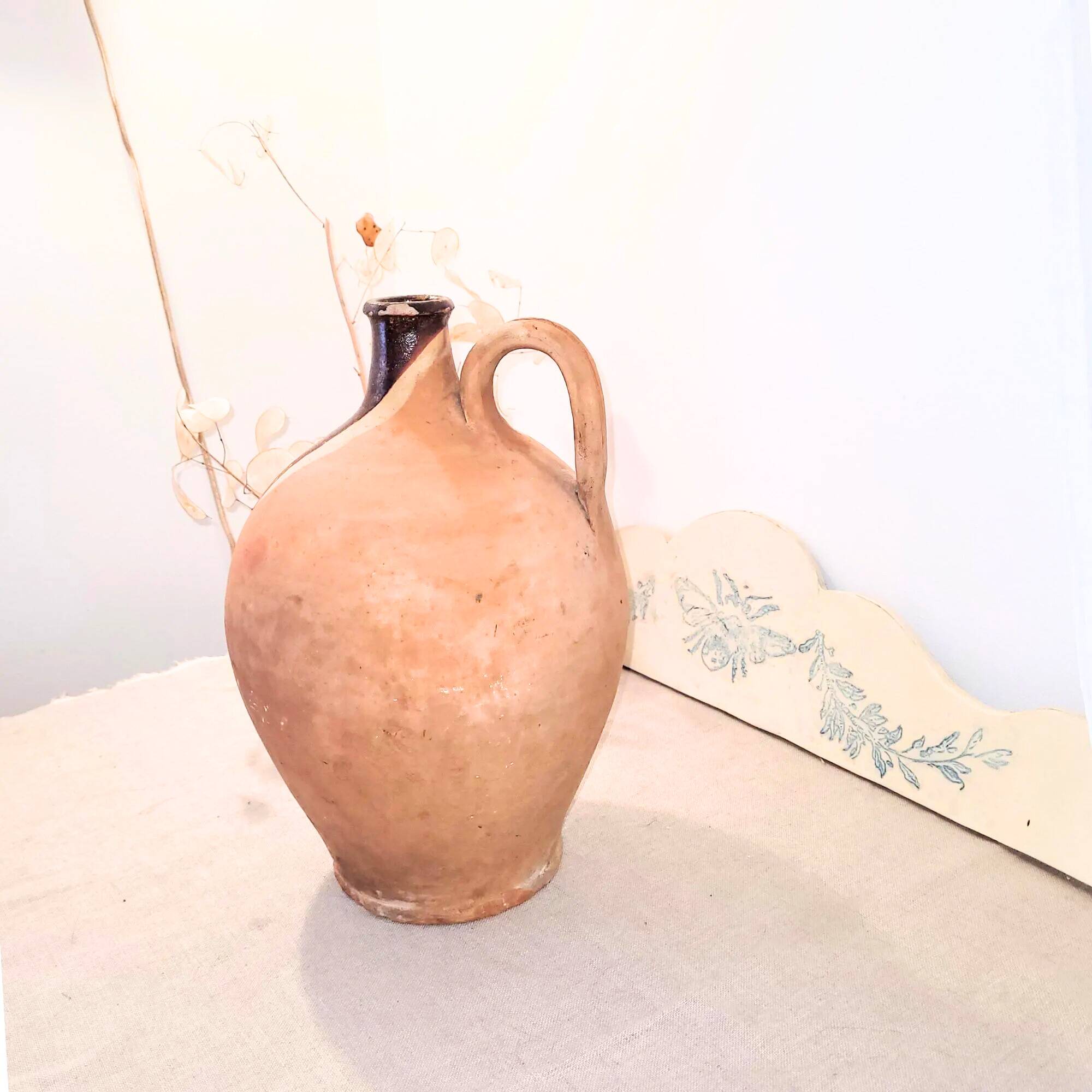 Antique partially glazed terracotta pitcher – 19th century rustic pottery