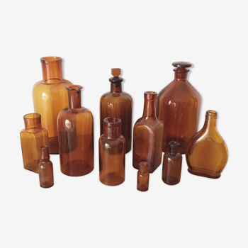 Set of 11 bottles and amber pharmacy bottles vintage apothecary