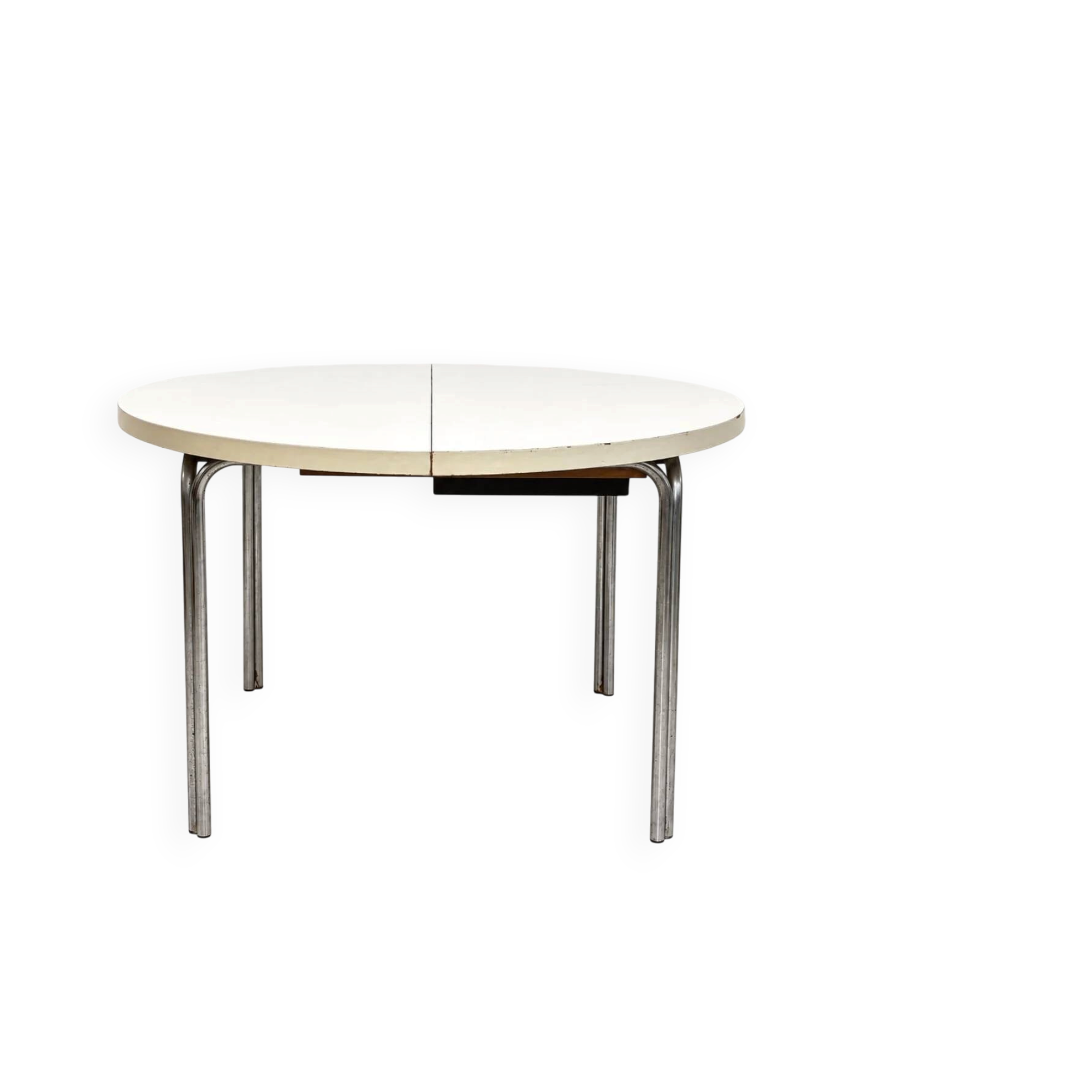 Vintage round extendable dining table, white laminate on chrome legs.