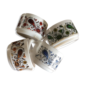 4 tasses des années 70 de la marque arcopal 4 couleurs différentes motifs cachemire