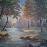 Painting landscape wood river signed