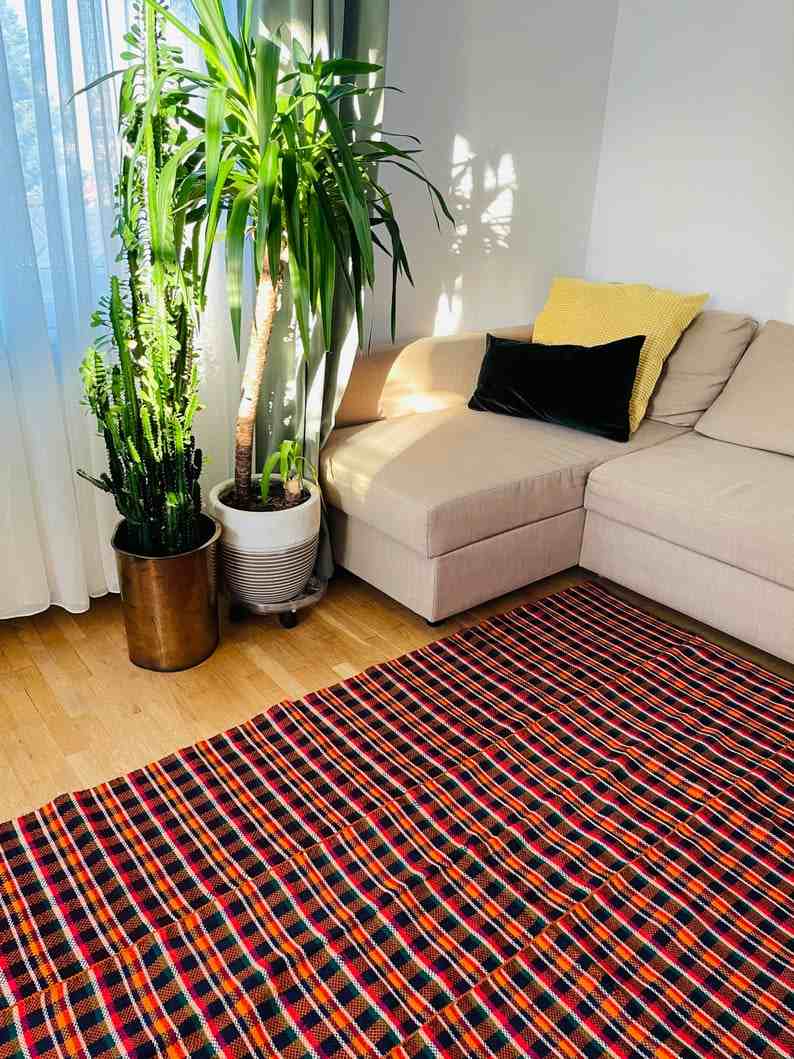 Handwoven vintage accent geometrical rug, colorful wool