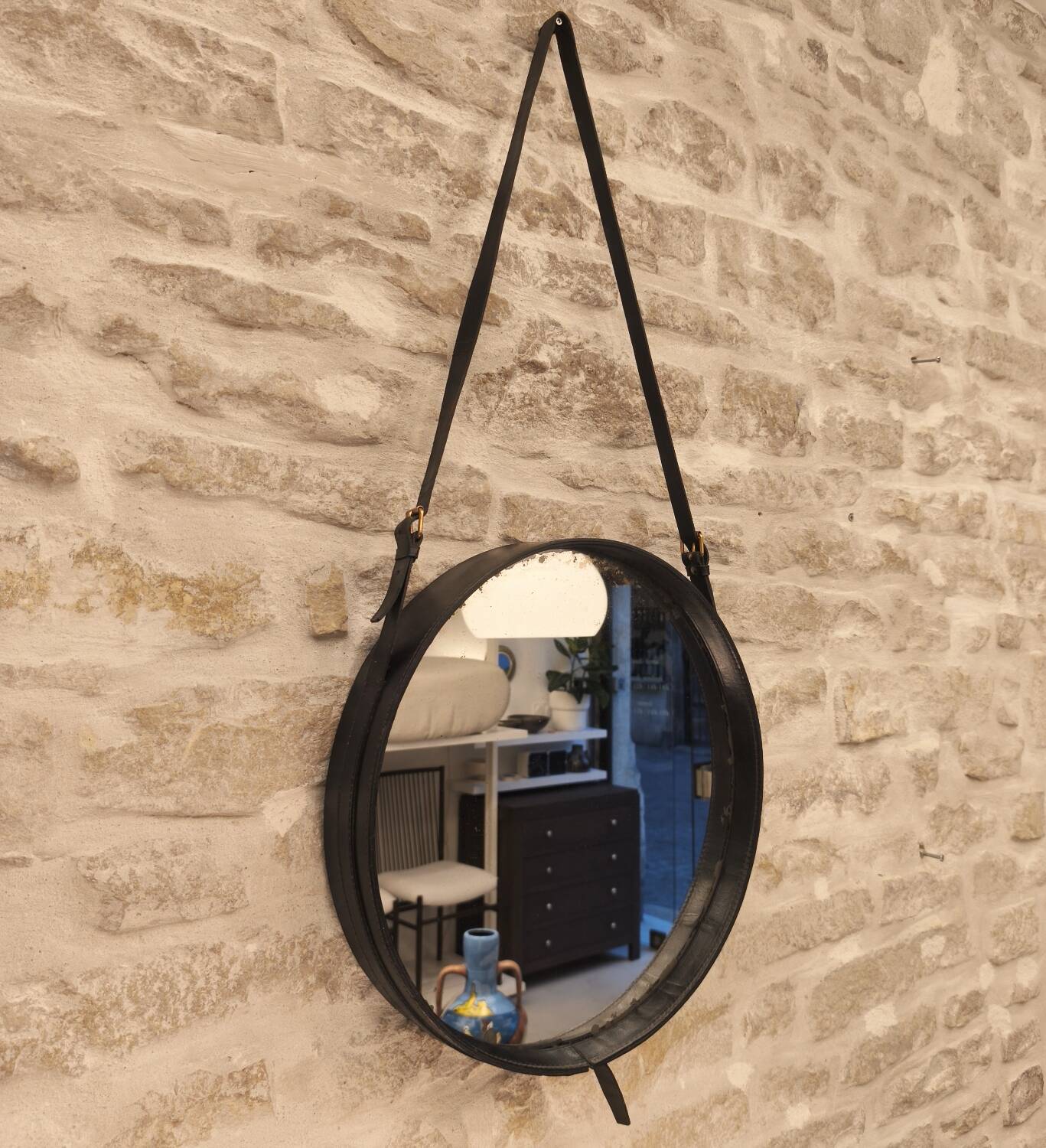 Miroir cuir de Jacques Adnet, vintage 1950