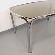 Vintage curved rectangular dining table in smoked glass and chrome metal