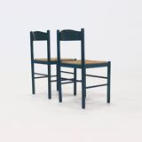 Set of 2 Stained Wood and Rush Dining Chairs 1960s